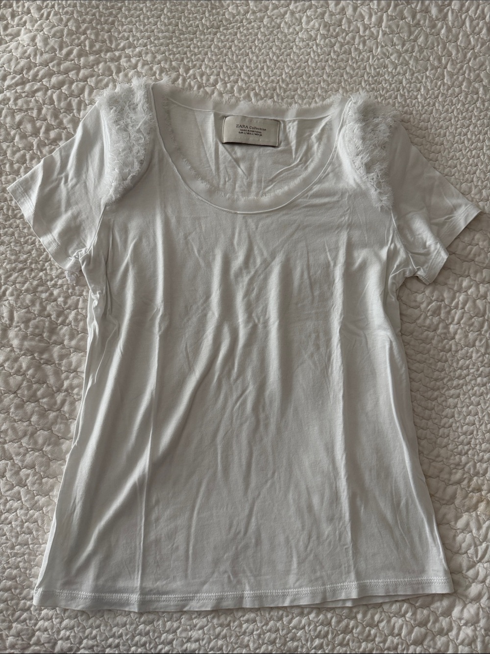 Zara White Scoop Neck Tee with Feather Shoulder Detail